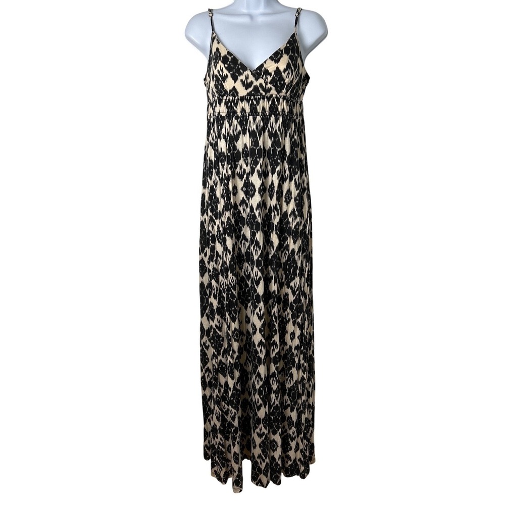 LOFT Womens Maxi Dress Black Cream Size M Ikat Print Empire Waist Sleeveless
